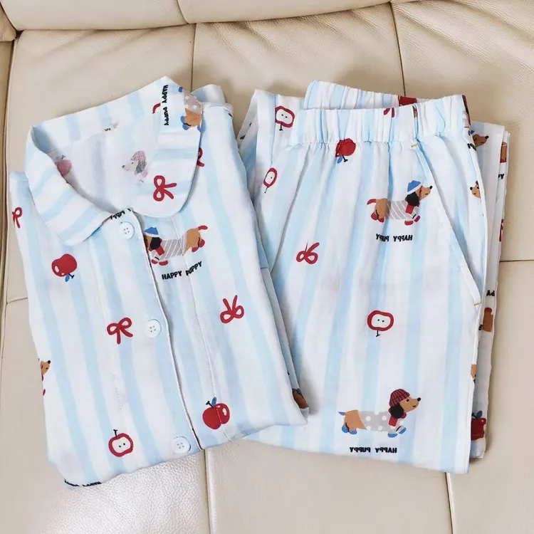 夏季女款纯棉双层纱短袖秋冬长裤可爱卡通风格家居服睡衣套装