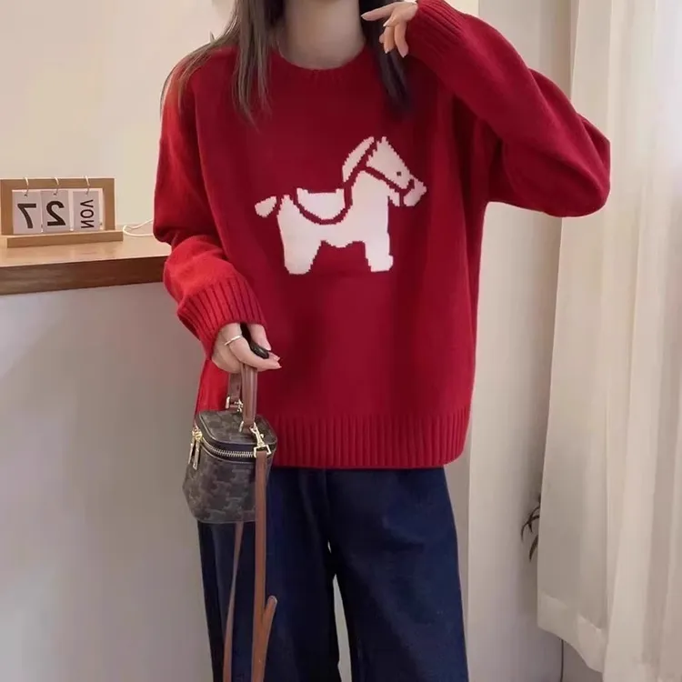 新年氛围感卡通小马红色毛衣女秋冬季软糯慵懒风宽松圣诞针织衫女