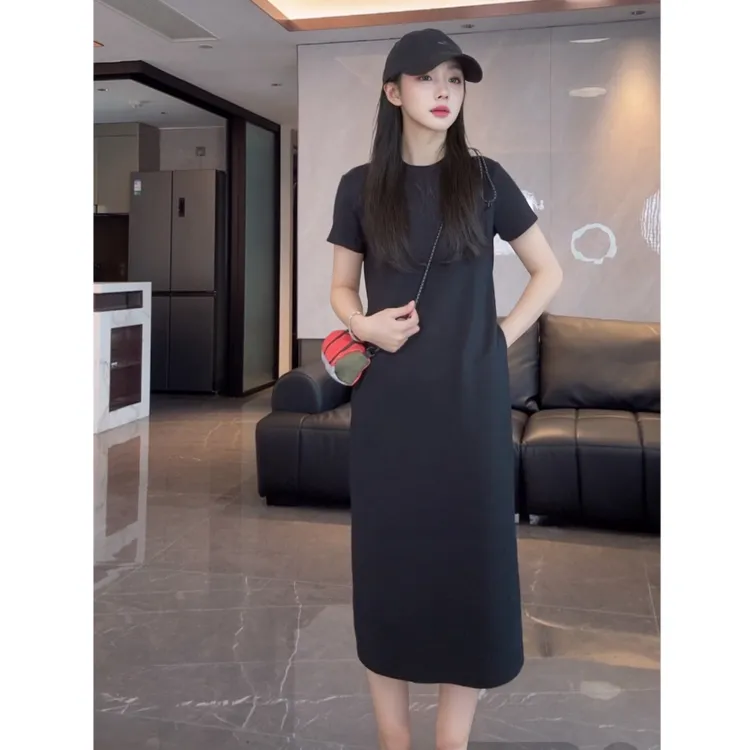 后开叉小性感显瘦连衣裙大码女装新款气质口袋时尚黑色宽松中长裙