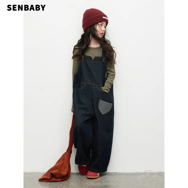senbaby童装女童秋装牛仔宽松背带裤洋气喇叭袖打底衫上衣两件套