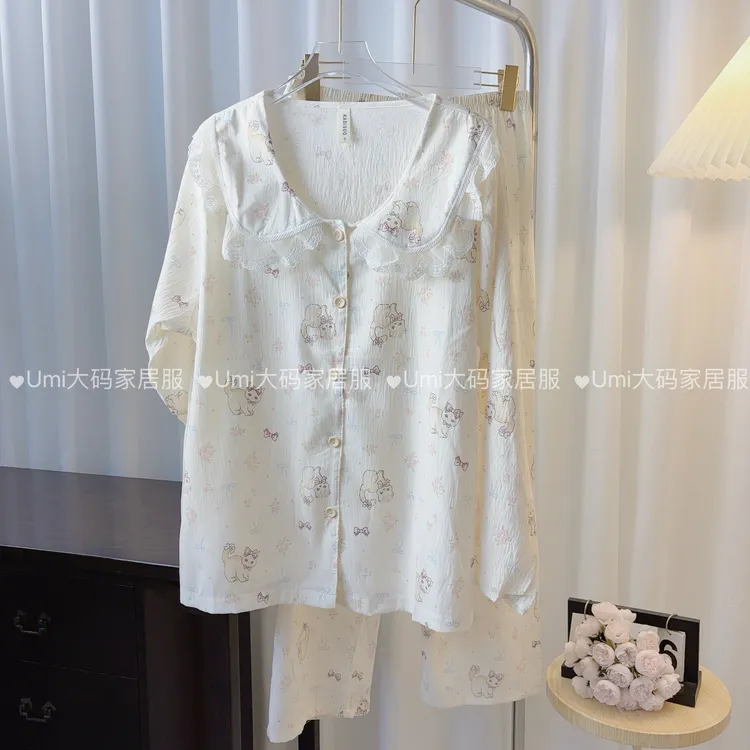 加肥加大码睡衣女秋季长袖长裤花边娃娃领甜美可爱印花宽松版型