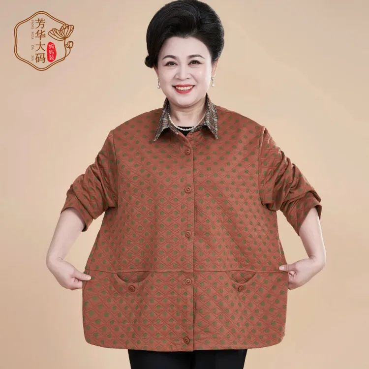 胖妈妈春季舒适翻领夹克外套中老年人女装妈妈装反季宽松上衣女装