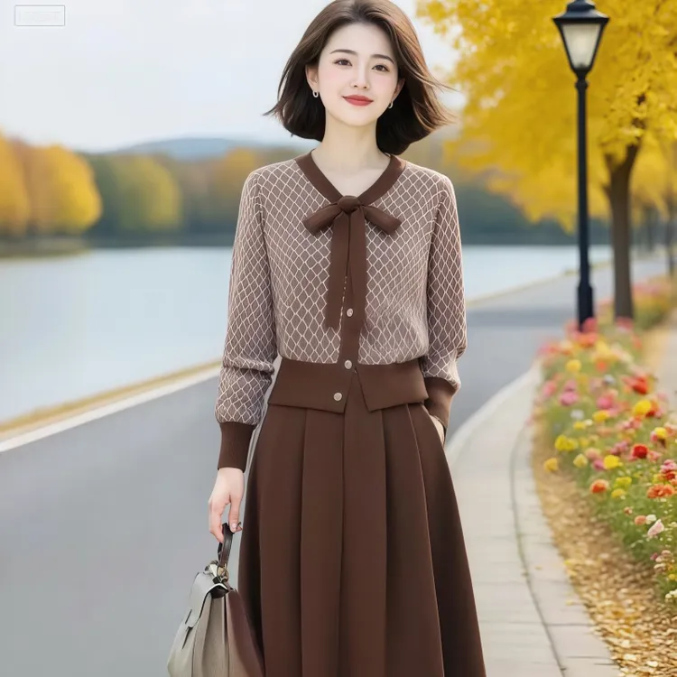 素订女装原创品牌旗舰店提花系带针织衫+后松紧散摆半裙套装秋季