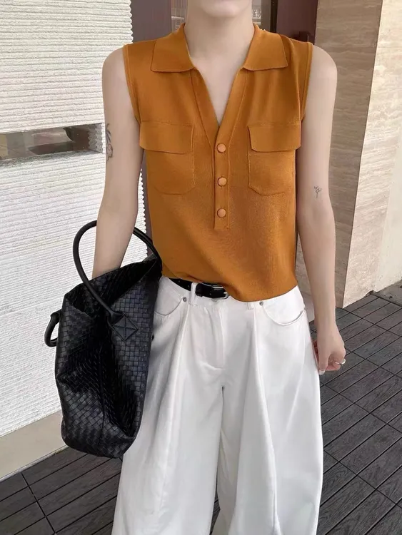 【现货+险！】翻领女无袖口袋纯色夏季毛针织衫百搭毛衣慵懒风