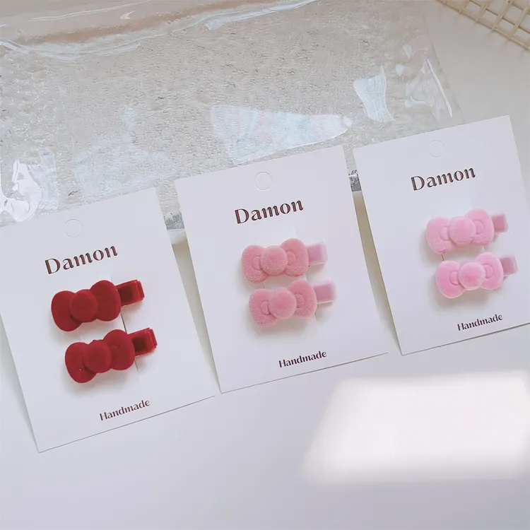 甜美可爱风毛绒蝴蝶结发夹女童发卡韩系儿童头饰冬季新年红碎发夹