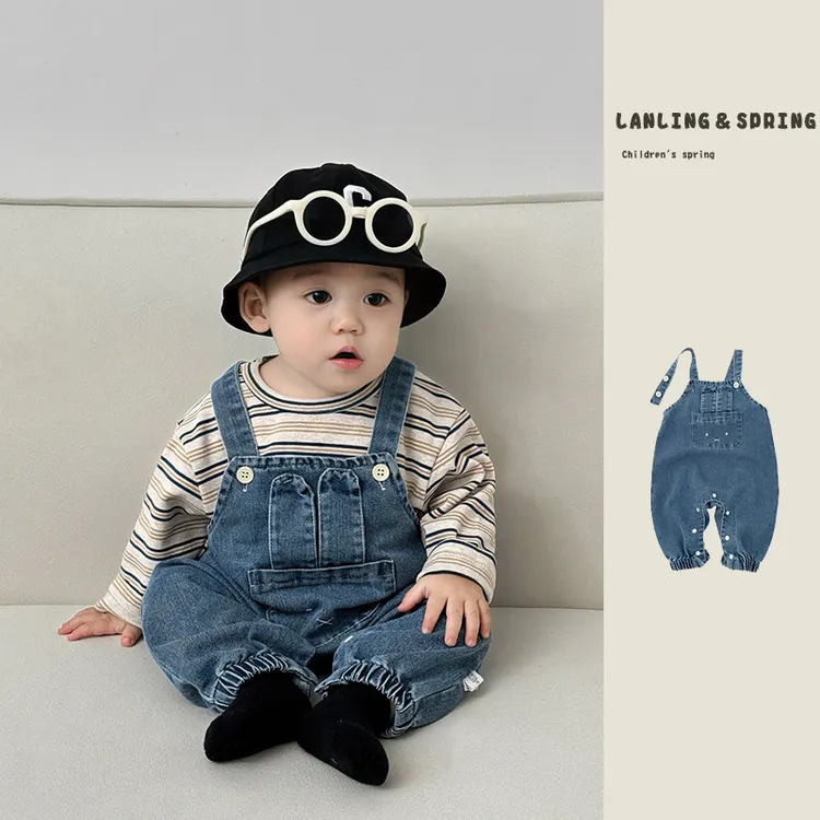 宝宝春秋季套装婴儿洋气条纹百搭T恤打底衫男童牛仔背带裤两件套.