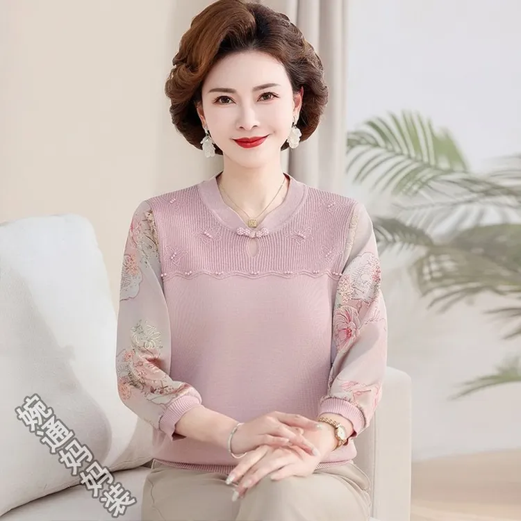 妈妈春夏装新款薄纱袖针织绣花小衫时尚中老年女春季洋气减龄上衣