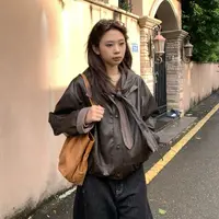 【格子皮衣】虎皮卷秋冬新款格纹拼接皮衣带帽子#S25913