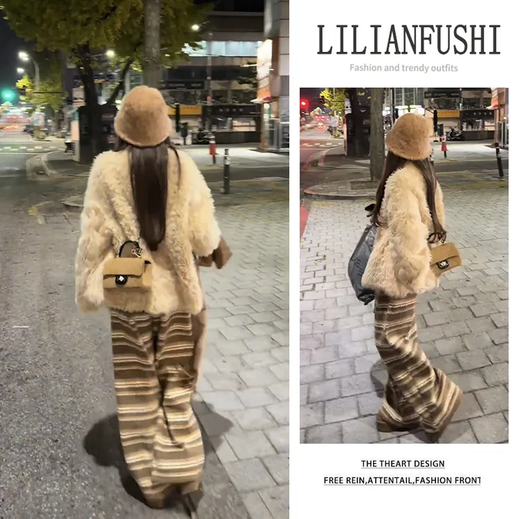 时尚穿搭女2025秋冬新款百搭宽松长袖外套显瘦条纹阔腿裤两件套装