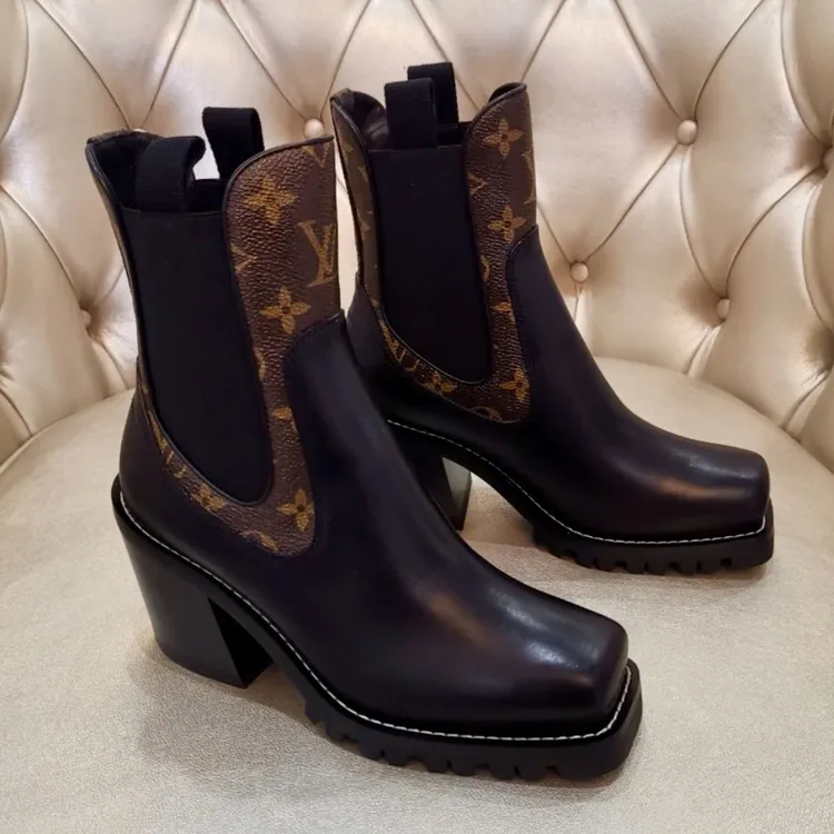 未使用 LouisVuitton/路易威登 lv黑色皮面棕色老花靴 6cm 多尺码