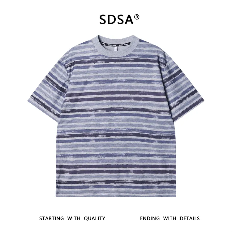 夏季高级感新款美式条纹撞色圆领短袖T恤简约百搭潮流宽松上衣 