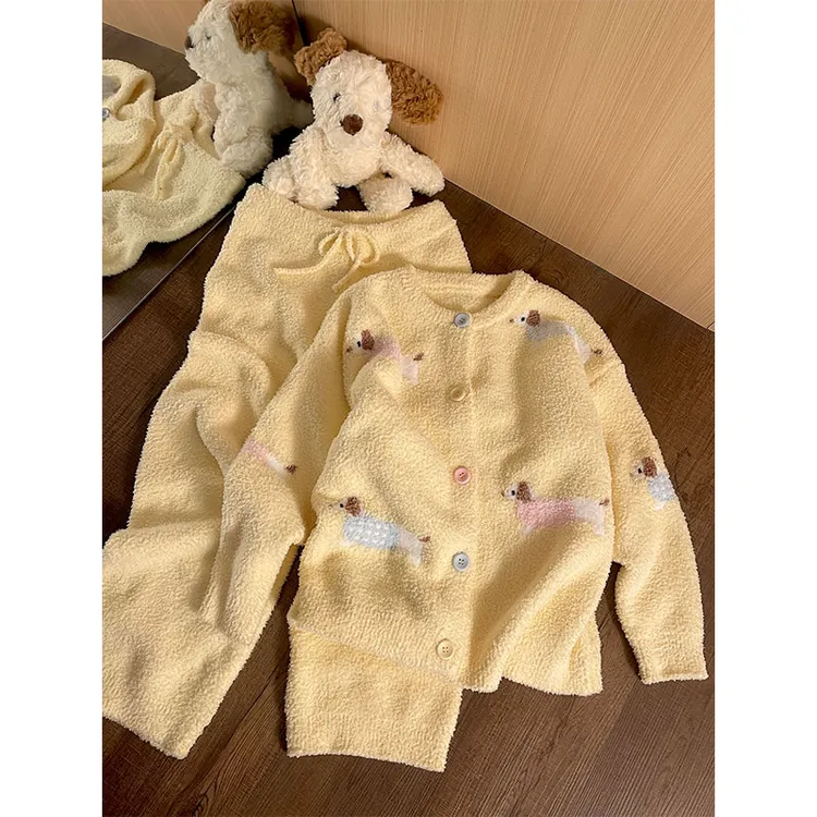 软萌卡通针织半边绒睡衣女秋冬新款休闲开衫保暖套装家居服可外穿