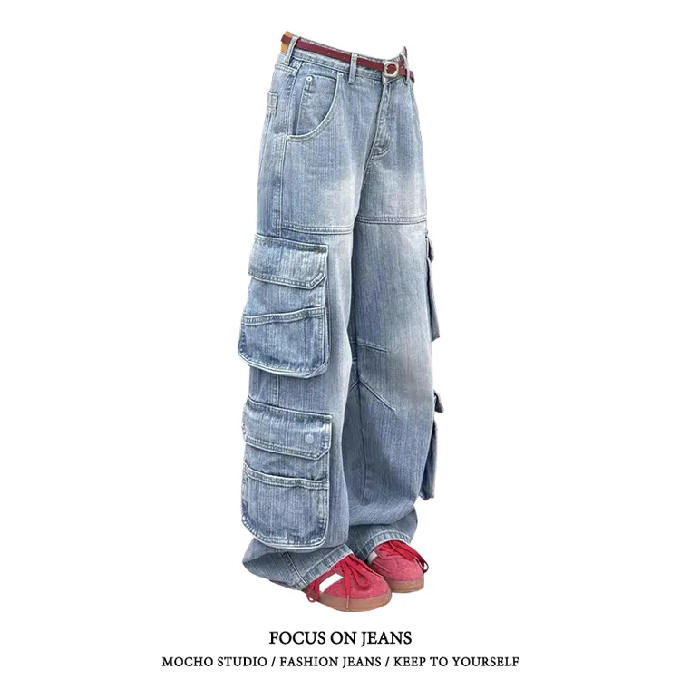 美式复古多口袋工装牛仔裤女秋冬高街设计感直筒宽松显瘦阔腿裤子