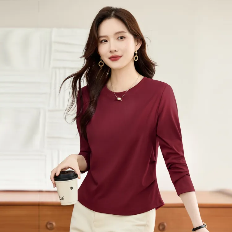 2025秋冬爆款女装红色圆领长袖T恤衫修身显瘦洋气百搭打底衫上衣