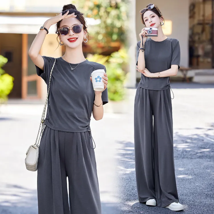 时尚洋气短裤短袖网红款冰丝宽松休闲运动套装T恤垂腿裤两件套