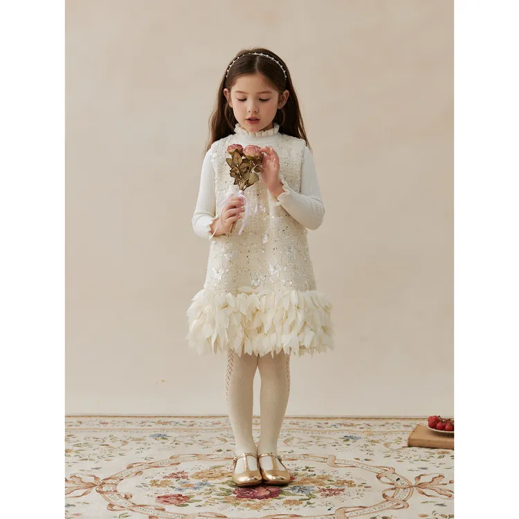 SONNYKIDS 女童轻奢珠片礼服裙秋冬羊毛小香风花朵羽毛拼接背心裙