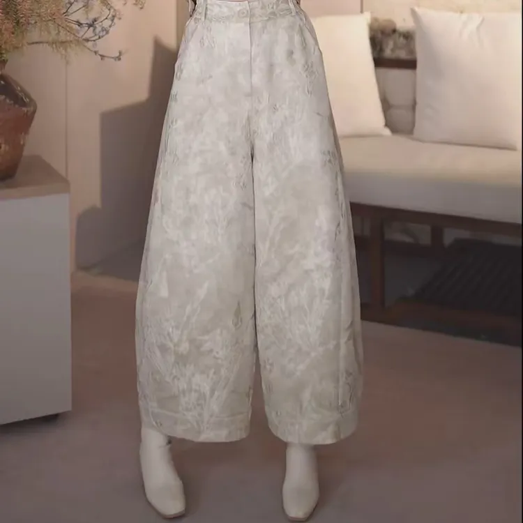 【苏杭版】新中式冬季加绒保暖国风复古提花后腰松紧阔腿长裤女百搭