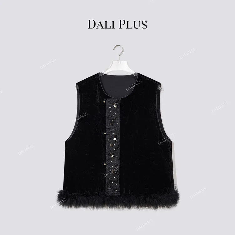 DALI PLUS“100桑蚕丝丝绒马甲”鸵鸟毛拼接马甲-D5CH5523