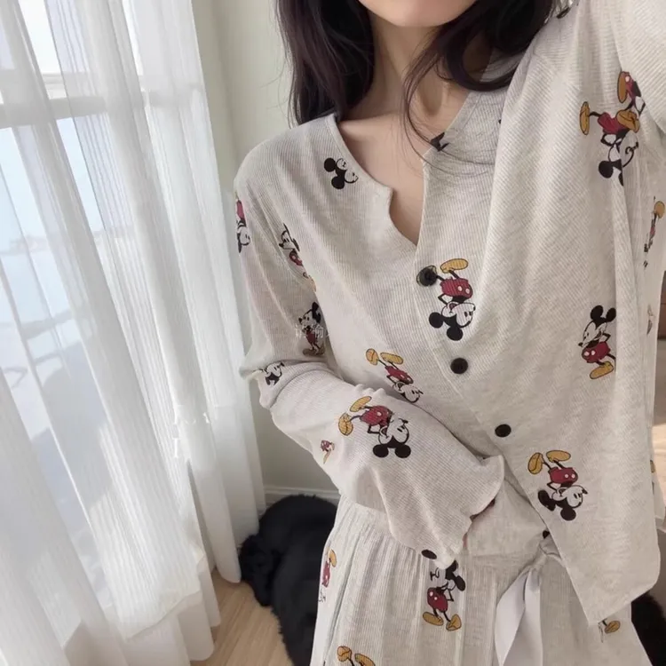 春秋季睡衣女长袖薄款V领冰丝螺纹米奇休闲可外穿家居服套装
