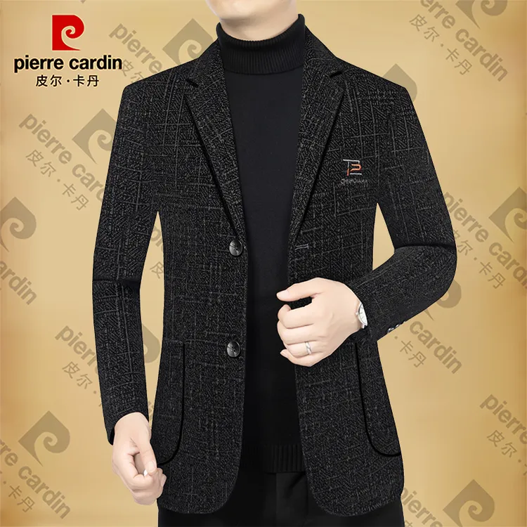 皮尔卡丹秋冬季西服男士高档毛呢商务休闲男装外套西装领爸爸男装