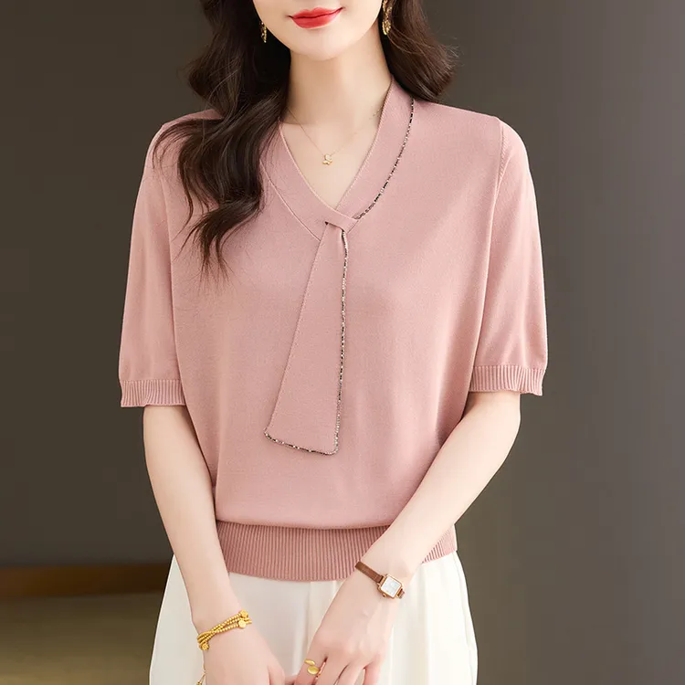 中年妈妈夏装V领短袖t恤女装2025年新款冰丝针织衫高贵上衣气质薄