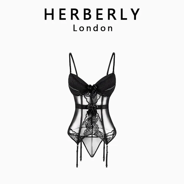 英国 HERBERLY 小胸显大紫色蕾丝马甲睡衣女士免脱性感塑身连体衣