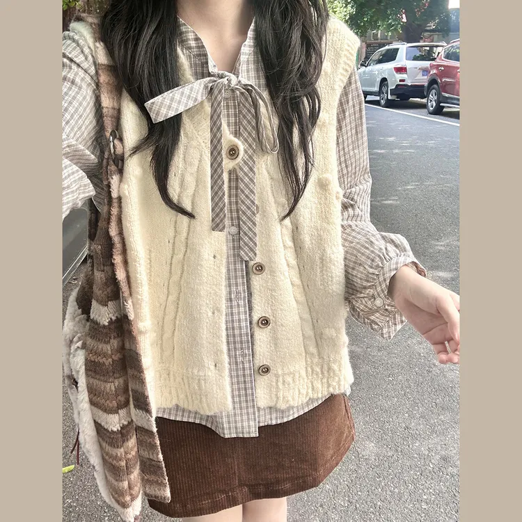 蝴蝶结格子衬衫外套女2025新爆款早秋季韩系穿搭马甲上衣两件套装
