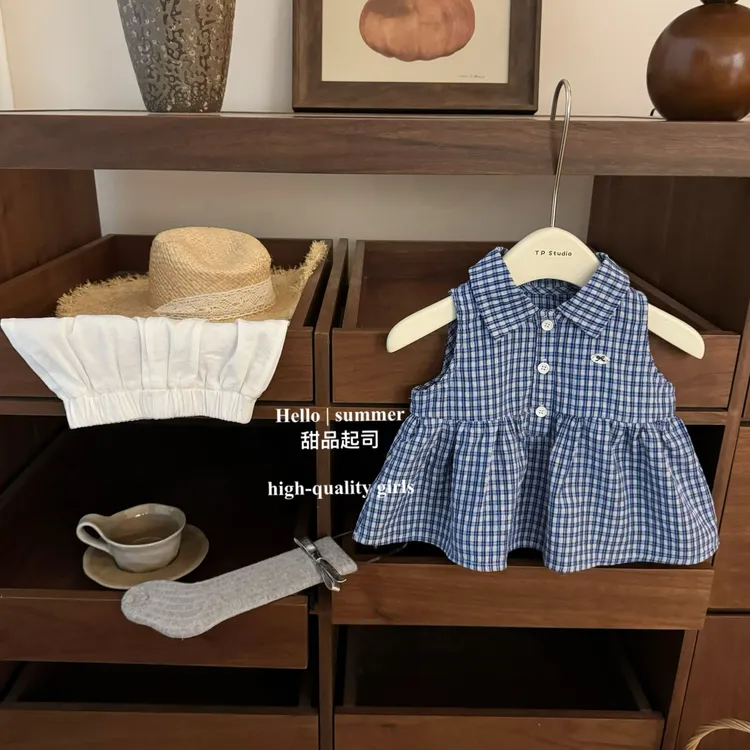 【甜品起司】自留！韩系女宝宝夏款学院风翻领格子背心短裤洋气套装