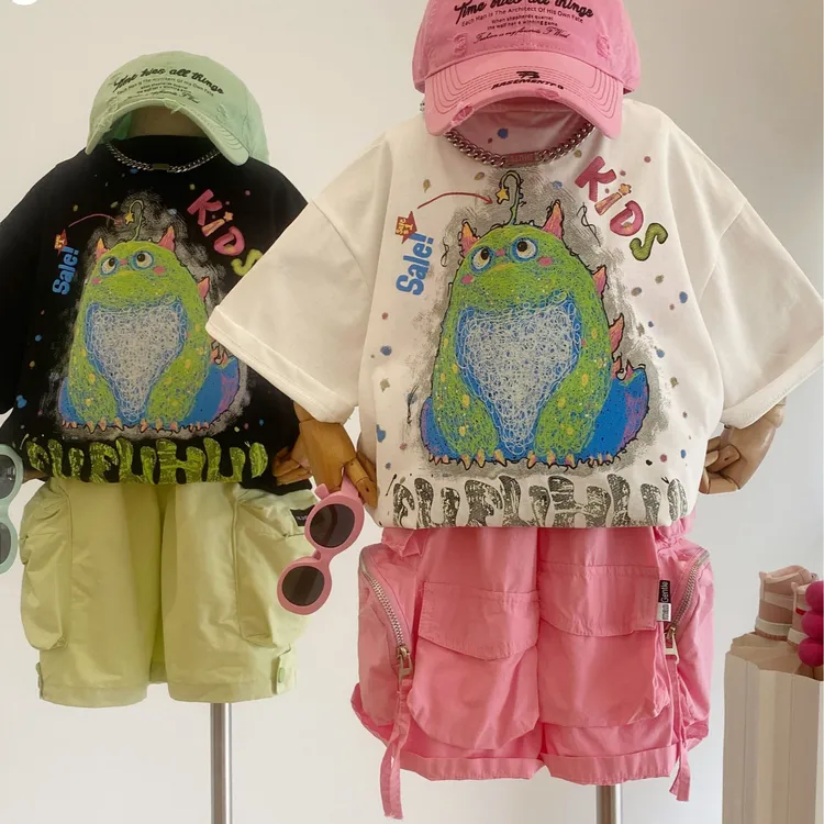 男童夏款短袖儿童夏季春秋潮酷上衣中大童帅气涂鸦怪兽狗美式T恤