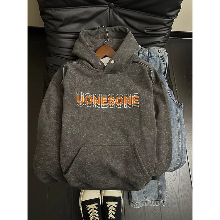 美式复古硅胶印花卫衣男冬季加绒设计感连帽外套情侣装高级感上衣