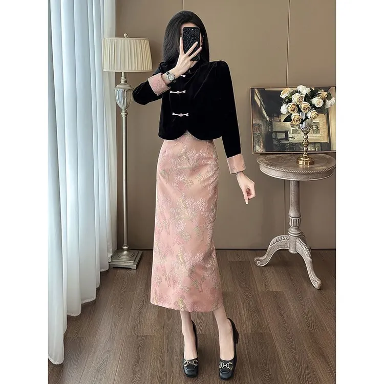 盘扣上衣复古风春季开叉半身裙两件套女御姐气质新中式国风套装裙