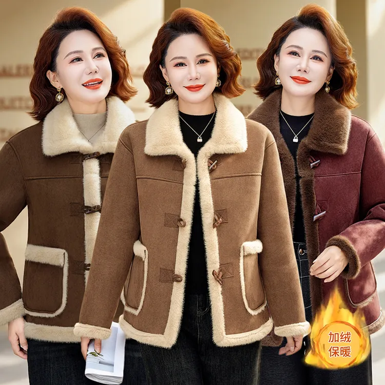 冬装妈妈装加绒加厚羊羔毛棉衣外套中老年女秋冬保暖皮毛一体大衣
