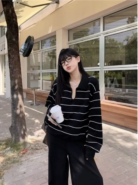 韩系翻领条纹针织衫女秋季新款时尚宽松百搭毛衣慵懒风松弛感上衣