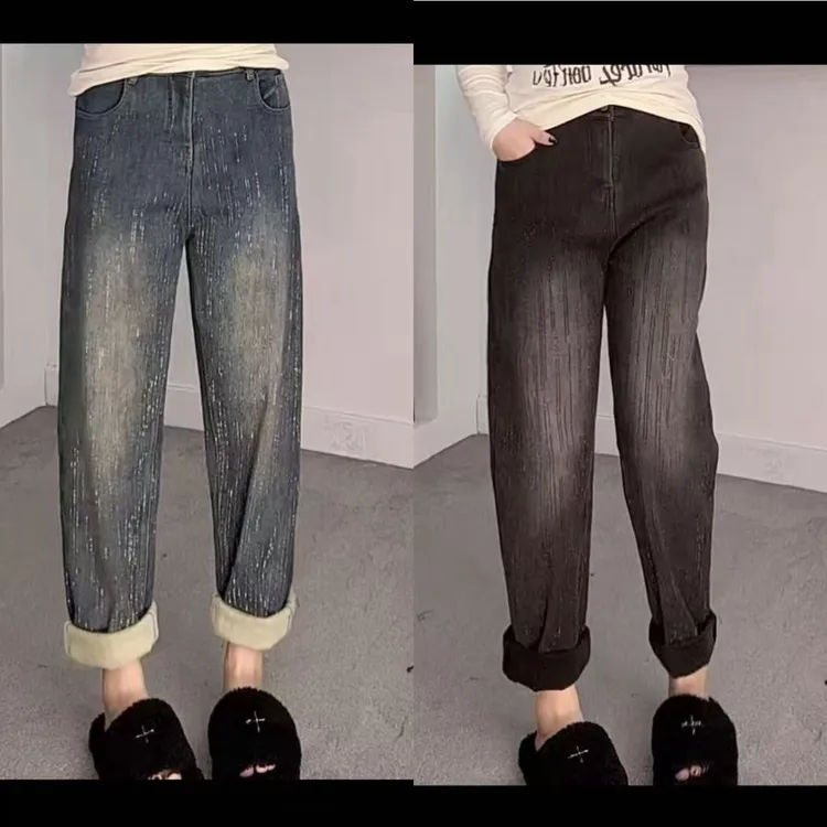 9165（丹姐家）后腰松紧亮钻加绒牛仔裤欧洲站冬季款洋气哈伦长裤