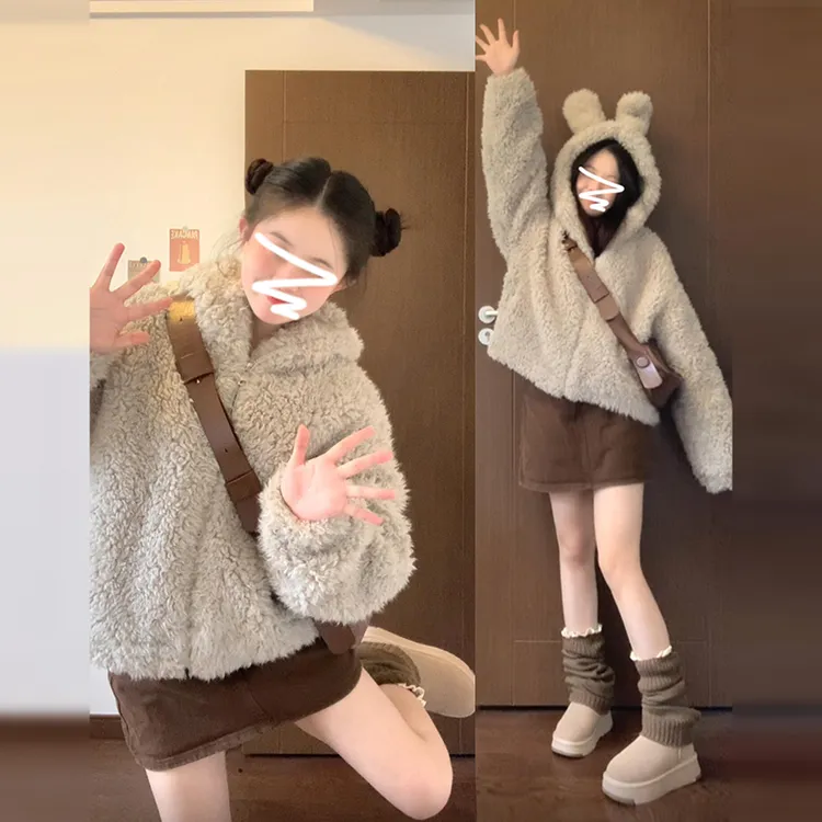慵懒短款韩版加厚可爱时尚女连帽ins秋冬季短外套毛绒百搭