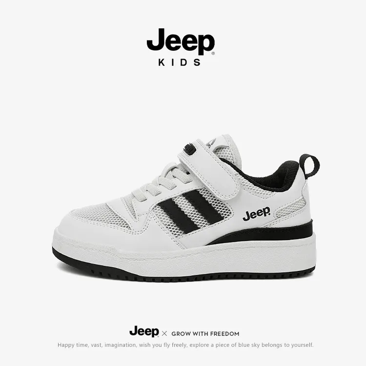 jeep秋冬儿童软底小白鞋魔术贴网面透气板鞋男女童低帮休闲运动鞋