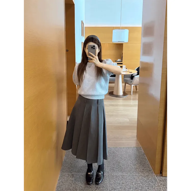 秋季韩版减龄宽松百搭圆领泡泡短袖针织衫女款上衣高腰显瘦百褶裙