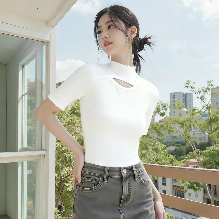 半高领中袖T恤女内搭2025春夏季新款螺纹镂空打底衫纯色洋气上衣