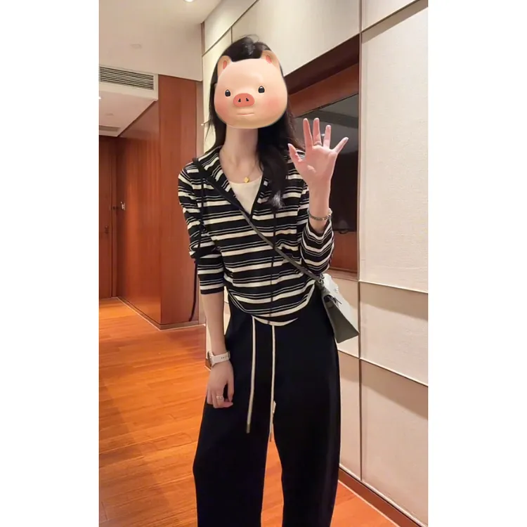 撞色条纹连帽假两件长袖针织衫女秋冬慵懒风内搭毛衣早秋chic上衣