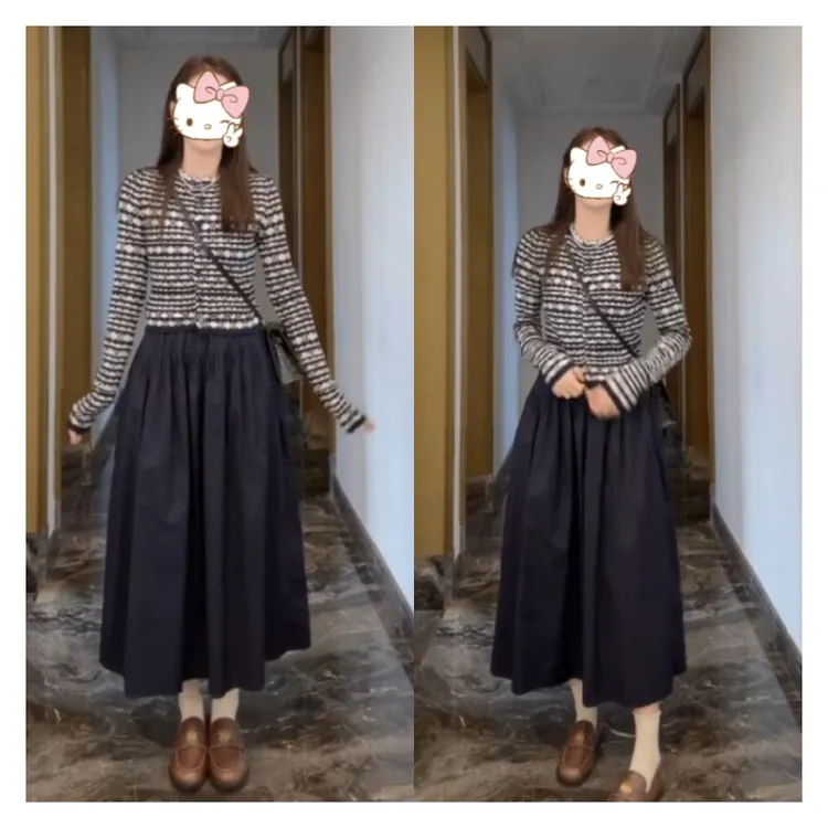 新款时尚百搭条纹开衫长袖毛针织衫+温柔风百搭半身裙LK2506035