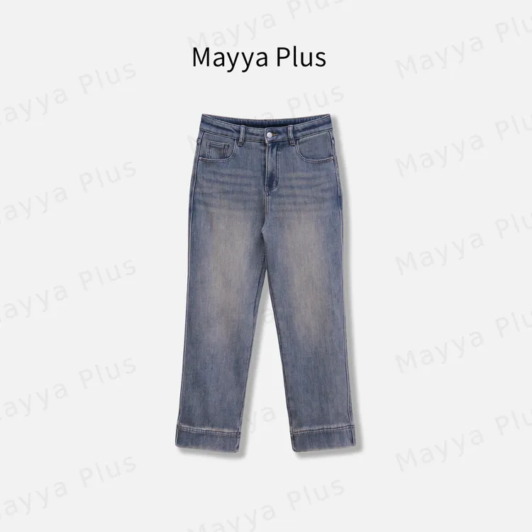 【暖芯裤】Mayya Plus麦芽定制高腰加绒直筒休闲九分牛仔裤32547279