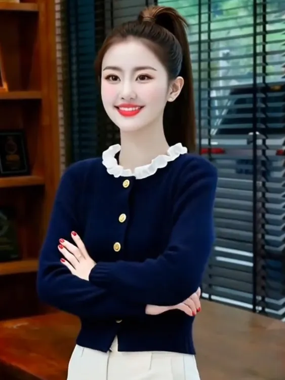 法式别致慵懒高级感针织衫毛衣2026年春秋新款内搭藏青色上衣女装