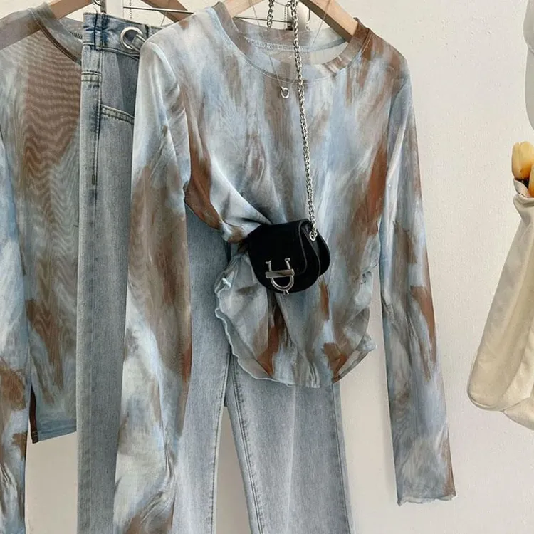 晕染网纱长袖t恤女2025新款夏薄款打底衫防晒衣罩衫扎染收腰上衣