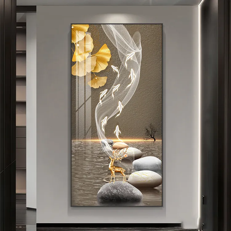 入户玄关装饰画竖画现代简约轻奢北欧客厅奶油风晶瓷挂画走廊过道