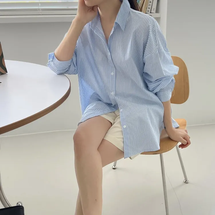 外穿内搭条纹长袖春夏季新款衬衣上衣衬衫蓝白条纹衬衫中长款