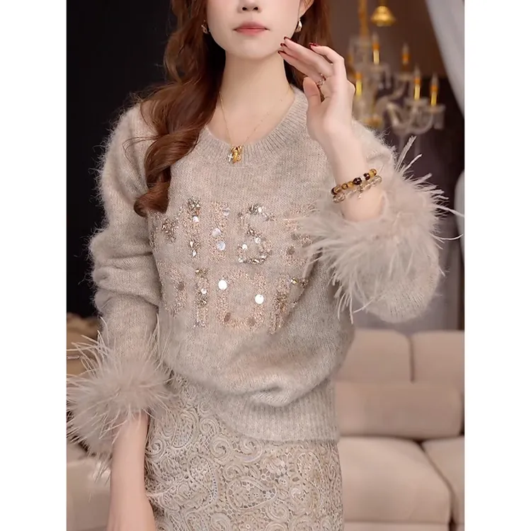 咖色套头毛衣女士秋冬慵懒高级感减龄宽松显瘦重工亮片针织衫上衣