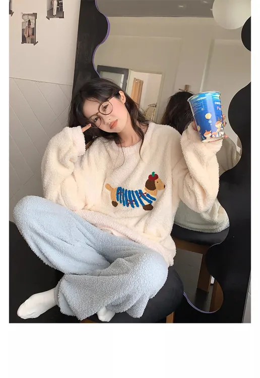 日系可爱腊肠狗半边绒睡衣女2025冬季新款加厚加绒家居服套装