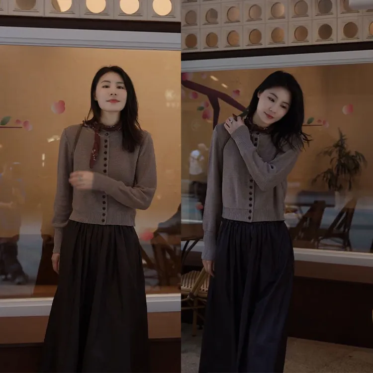 今年2025新款早秋休闲简约气质上衣女搭配长款半身裙显瘦两件套装