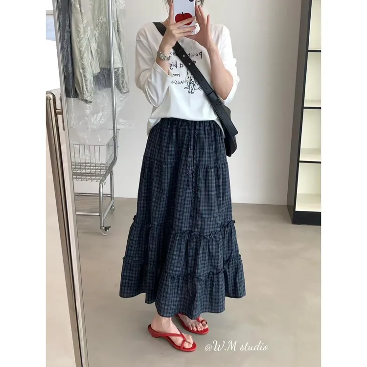 韩系复古木耳边拼接格子半身裙女秋季中长款学院风小个子a字伞裙