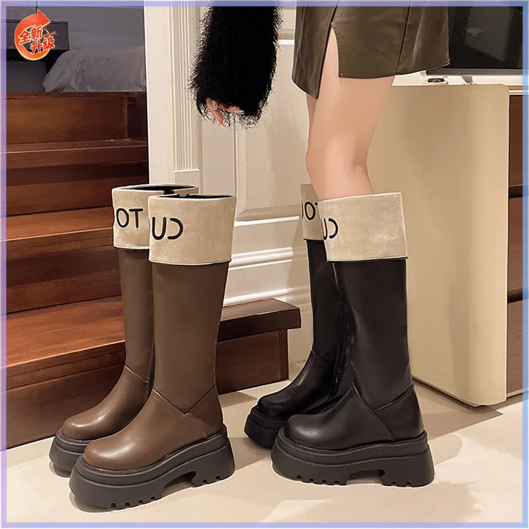 新款加绒厚底增高显瘦高筒翻边拼色马丁靴不过膝长靴女春夏季